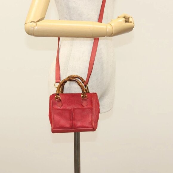 GUCCI Bamboo Hand Bag Suede 2way Red Gold 007 1793 0238 Auth BA4313 - Picture 14 of 16